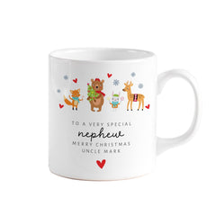 Personalised Christmas Mug for Nephew or Niece Woodland Animal Design Cute Holiday Gift from Auntie or Uncle