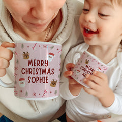 Personalised Christmas Mug – Matching Gift - Custom Name Santa & Reindeer Design Cup for Kids or Family