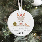 Personalised Christmas Ornament for Son Cute Reindeer Ceramic Tree Decoration Keepsake Xmas Gift for Boy from Mum and Dad