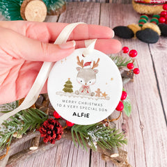 Personalised Christmas Ornament for Son Cute Reindeer Ceramic Tree Decoration Keepsake Xmas Gift for Boy from Mum and Dad