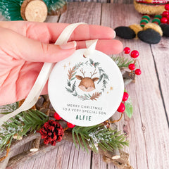 Personalised Christmas Ornament for Son Reindeer Ceramic Tree Decoration Keepsake Xmas Gift for Baby Boy