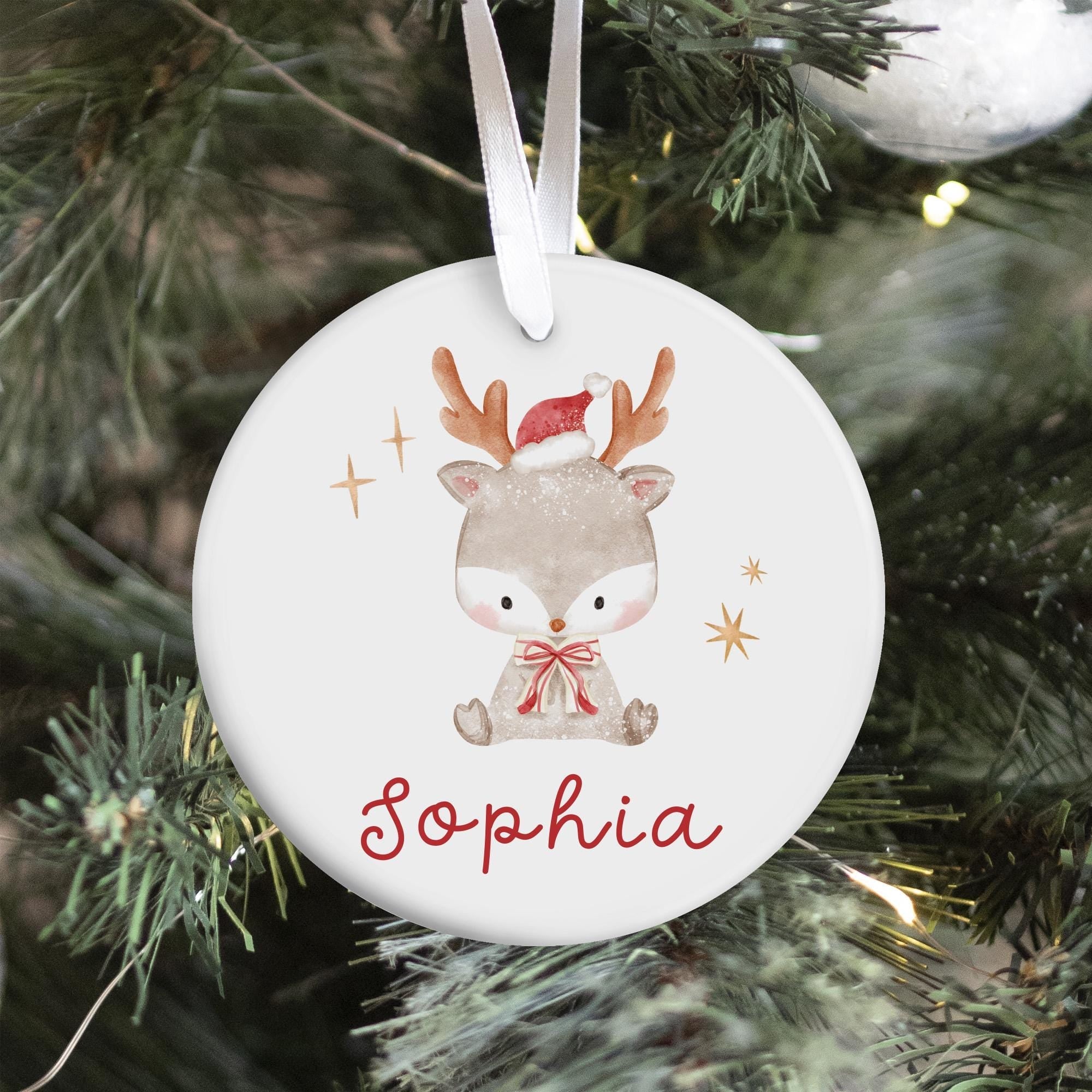 Personalised Christmas Reindeer Ceramic Ornament Name Hanging Decoration Keepsake Gift for Baby Boy Girl Child Nephew Niece Son Daughter