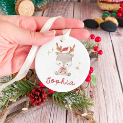 Personalised Christmas Reindeer Ceramic Ornament Name Hanging Decoration Keepsake Gift for Baby Boy Girl Child Nephew Niece Son Daughter