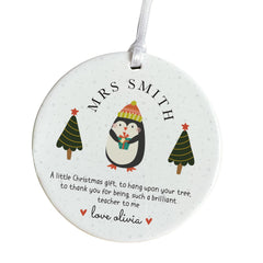 Personalised Christmas Teacher Ornament Gift Cute Penguin Bauble Keepsake from Child Nursery Primary School Teacher Xmas Present