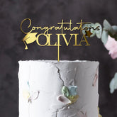 Personalised Congratulations Graduation Cake Topper Gold Silver Acrylic Mirror Name