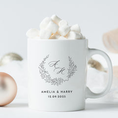 Personalised Couple Initials Mug Gift with Wedding Date Elegant Wreath Design Custom Engagement or Anniversary Gift Coffee Cup