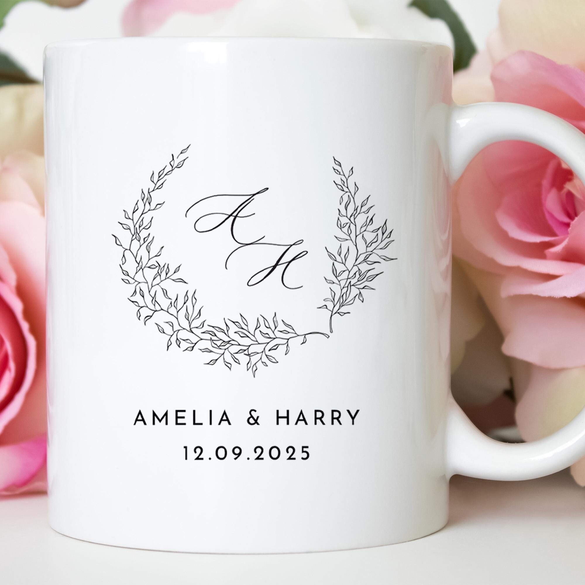 Personalised Couple Initials Mug Gift with Wedding Date Elegant Wreath Design Custom Engagement or Anniversary Gift Coffee Cup