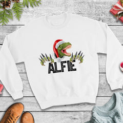 Personalised Dinosaur Christmas Jumper T - Rex With Santa Hat Gift For Kids Him Boy Girl Baby Toddler Outfit Jumper Day