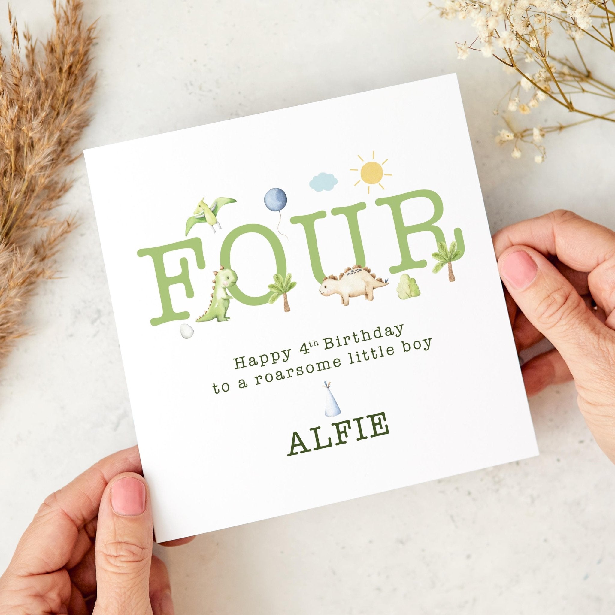 Personalised dinosaur themed fourth birthday card with name for a little Boy Roarsome Card Age 4 Dino Party I am four Nephew Grandson Son