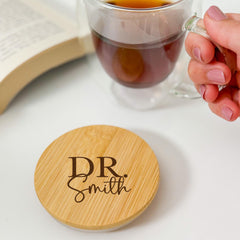 Personalised Doctor Gift Double Wall Glass Mug with Bamboo Lid – Engraved Tea or Coffee Cup