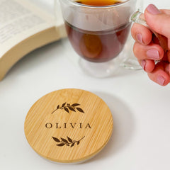 Personalised Double Wall Glass Mug with Bamboo Lid – Custom Engraved Name Gift for Her