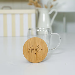 Personalised Double Wall Glass Mug with Bamboo Lid – Custom Name Tea Cup with Heart