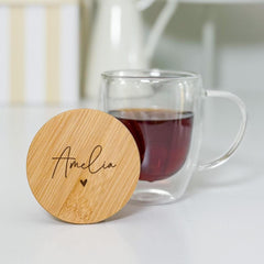 Personalised Double Wall Glass Mug with Bamboo Lid – Custom Name Tea Cup with Heart