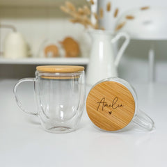 Personalised Double Wall Glass Mug with Bamboo Lid – Custom Name Tea Cup with Heart