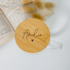 Personalised Double Wall Glass Mug with Bamboo Lid – Custom Name Tea Cup with Heart
