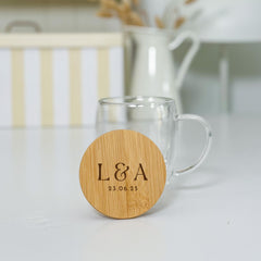 Personalised Double Wall Glass Mug with Initials Engraved Lid – Engagement Gift