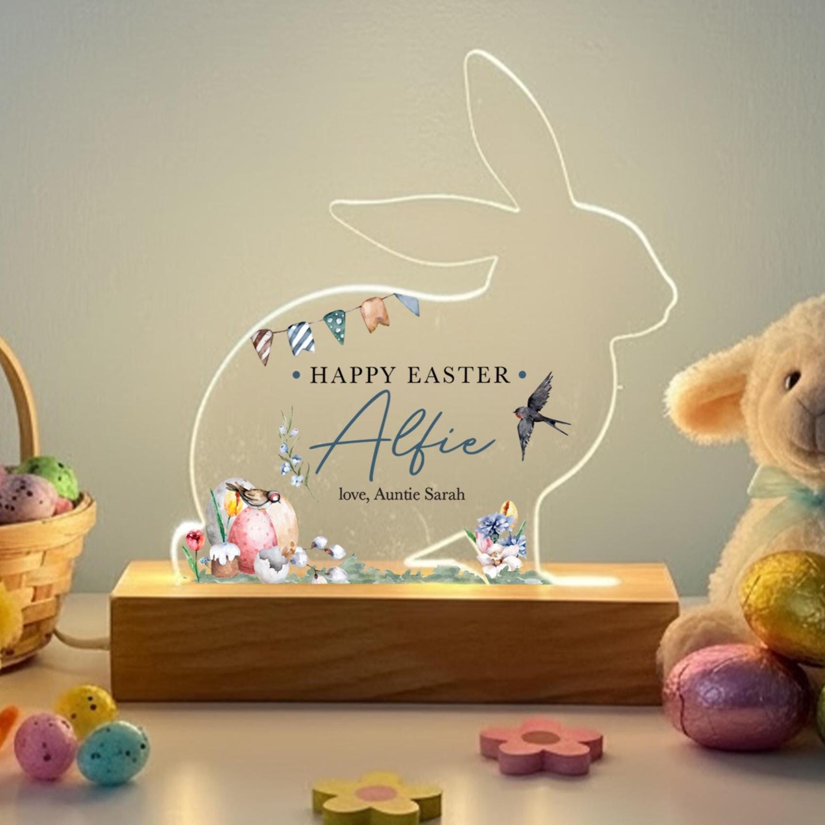 Personalised Easter Bunny LED Acrylic Plaque Night Light - Gift for Nephew Niece