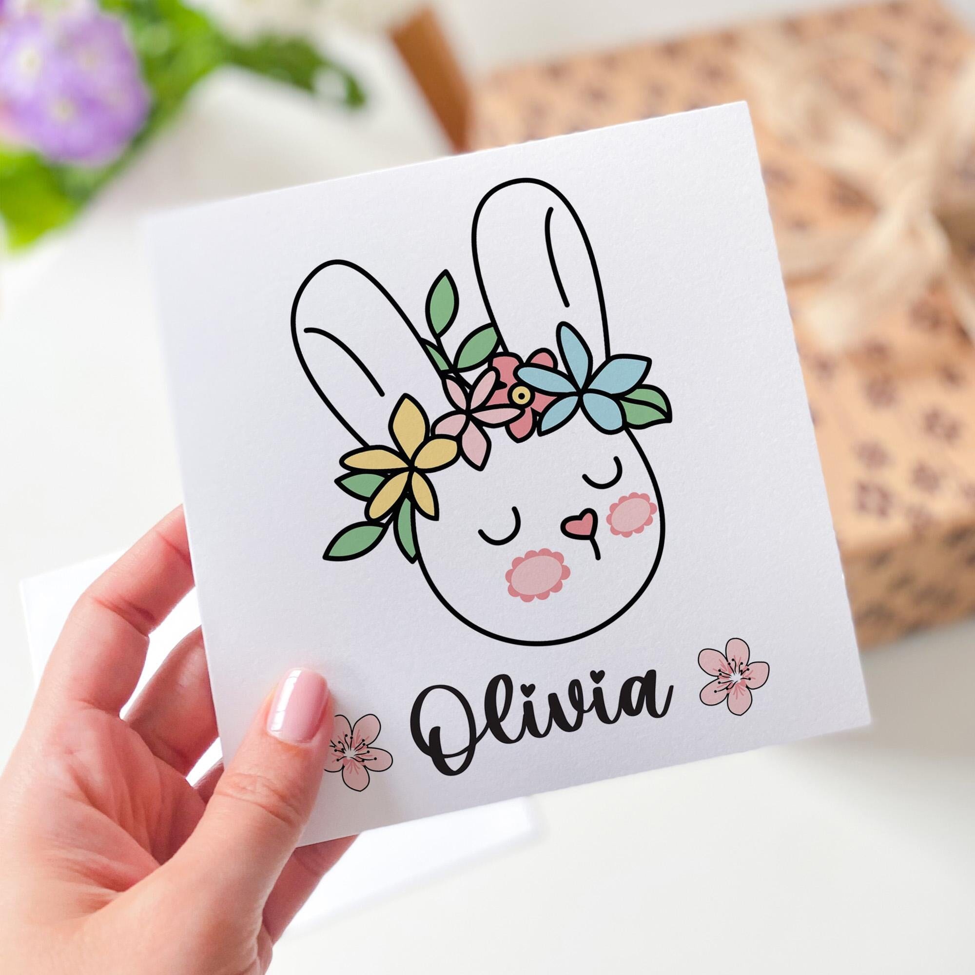 Personalised Easter Card for Girl Custom Name Bunny Card Floral Happy Easter Card Cute Spring Rabbit Card for Daughter Granddaughter Baby