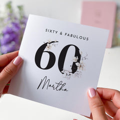 Personalised Elegant 60th Birthday Card for Her with Name and Age Sixty and Fabulous Milestone 60th Card for Mum Nan Aunt Friend Keepsake