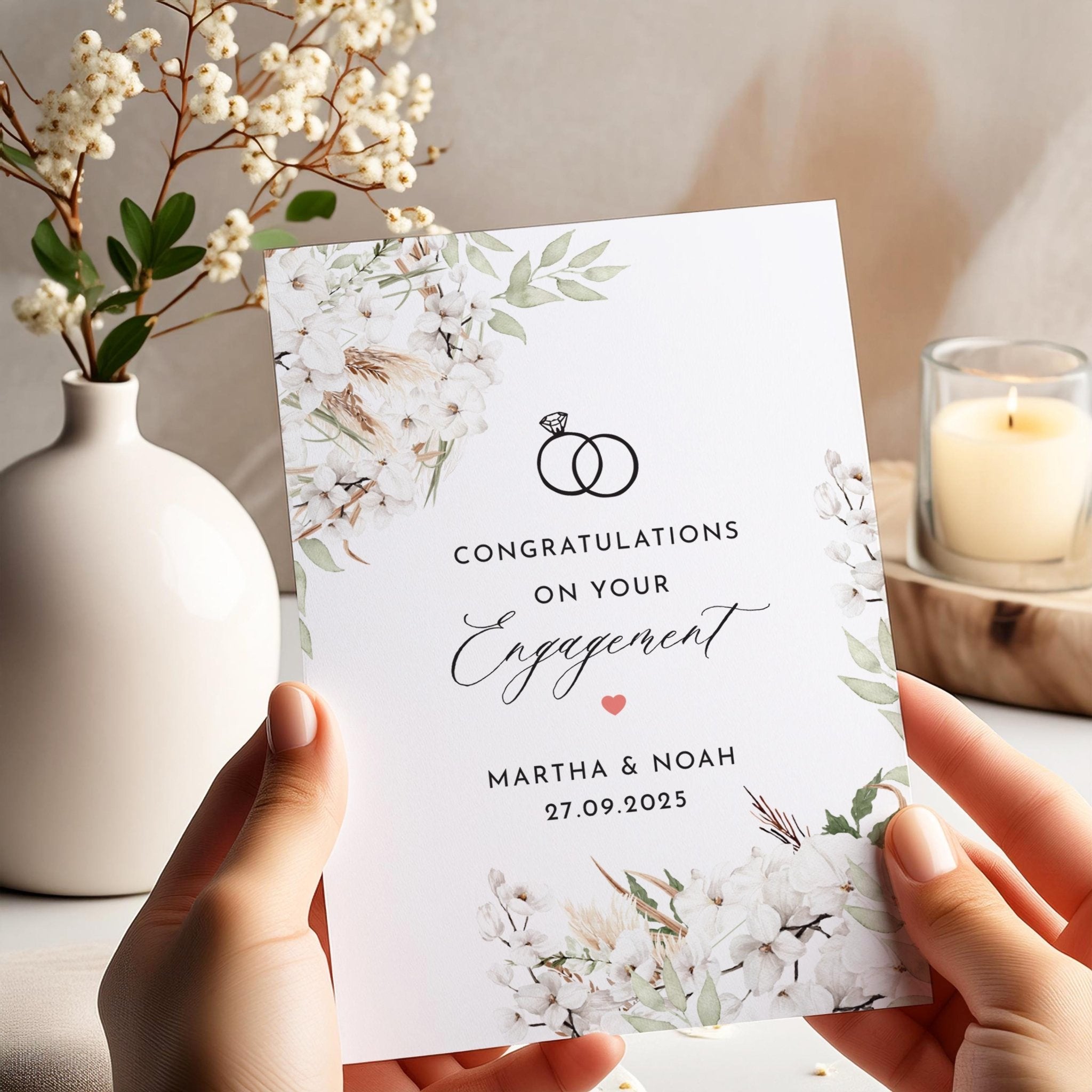 Personalised Engagement Card for Engaged Couple Minimal Floral Design with Wedding Rings Custom Names and Date Congratulations Card
