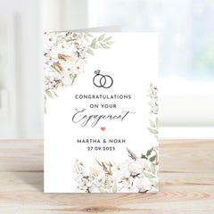 Personalised Engagement Card for Engaged Couple Minimal Floral Design with Wedding Rings Custom Names and Date Congratulations Card
