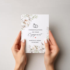 Personalised Engagement Card for Engaged Couple Minimal Floral Design with Wedding Rings Custom Names and Date Congratulations Card