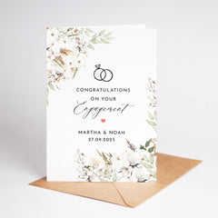 Personalised Engagement Card for Engaged Couple Minimal Floral Design with Wedding Rings Custom Names and Date Congratulations Card