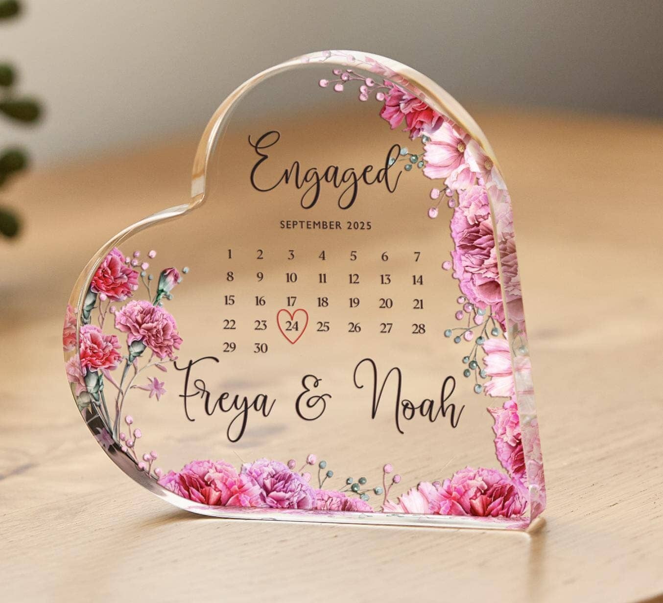 Personalised Engagement Gift Heart - shaped acrylic Plaque with Calendar Date Custom Keepsake for Couples Floral Design Engaged Friend Fiance