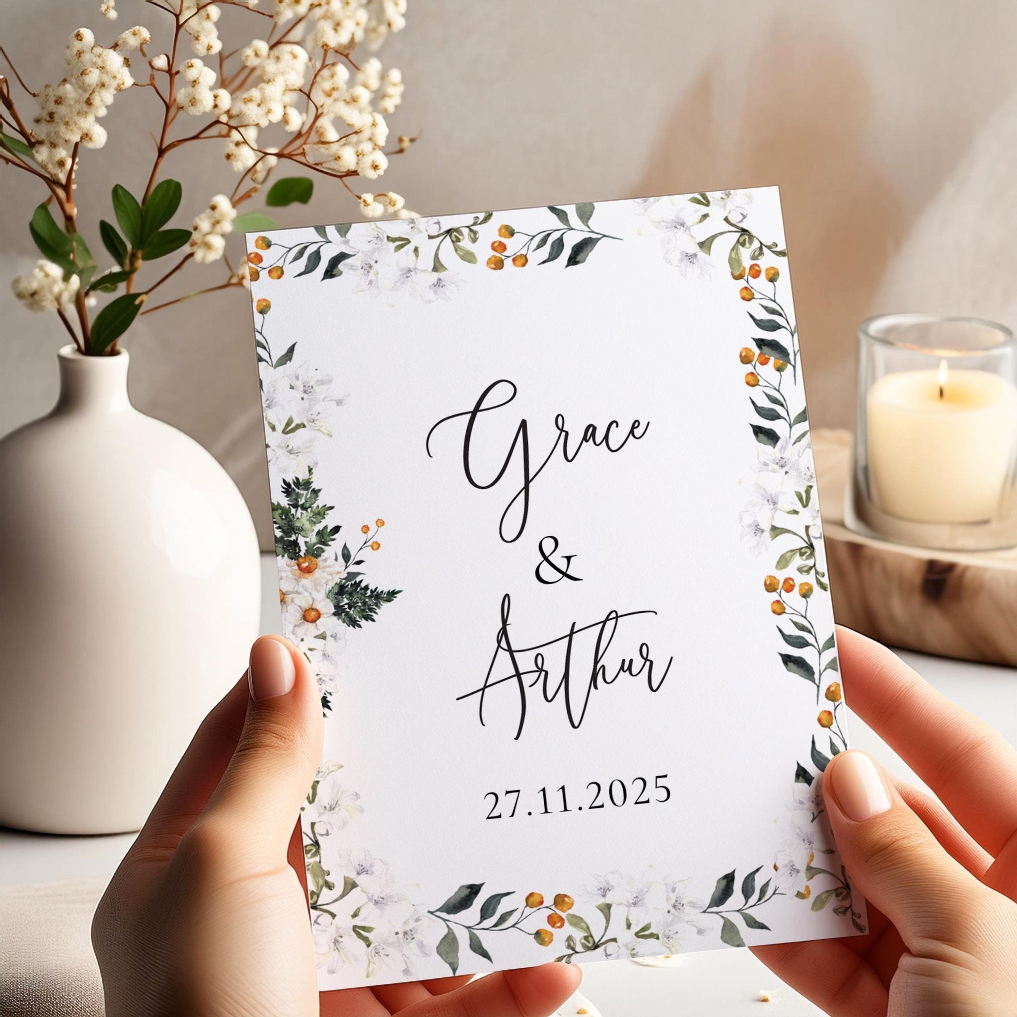 Personalised Engagement or Wedding Card for a Couple Elegant Floral Design Custom Names and Date Keepsake Card for Special Day We're Engaged