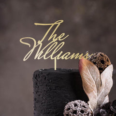 Personalised Family Name Wedding Cake Topper, Custom Surname, Wooden Gold Silver Rose Gold Black Anniversary Decor