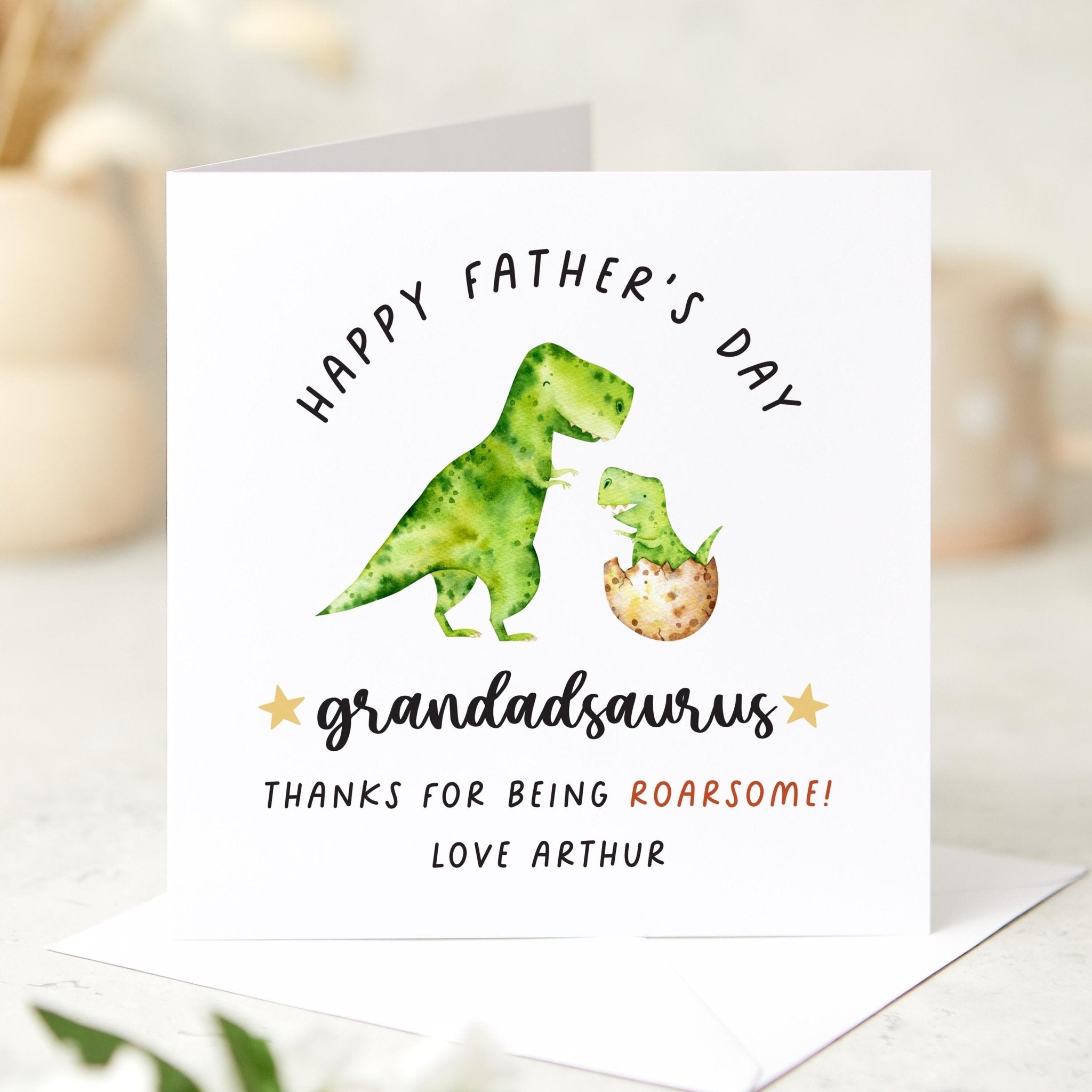Personalised Father’s Day Card for Grandad Grandadsaurus Fun Dinosaur Name Roarsome Keepsake Card from Grandchild to Grandpa and Baby Dino