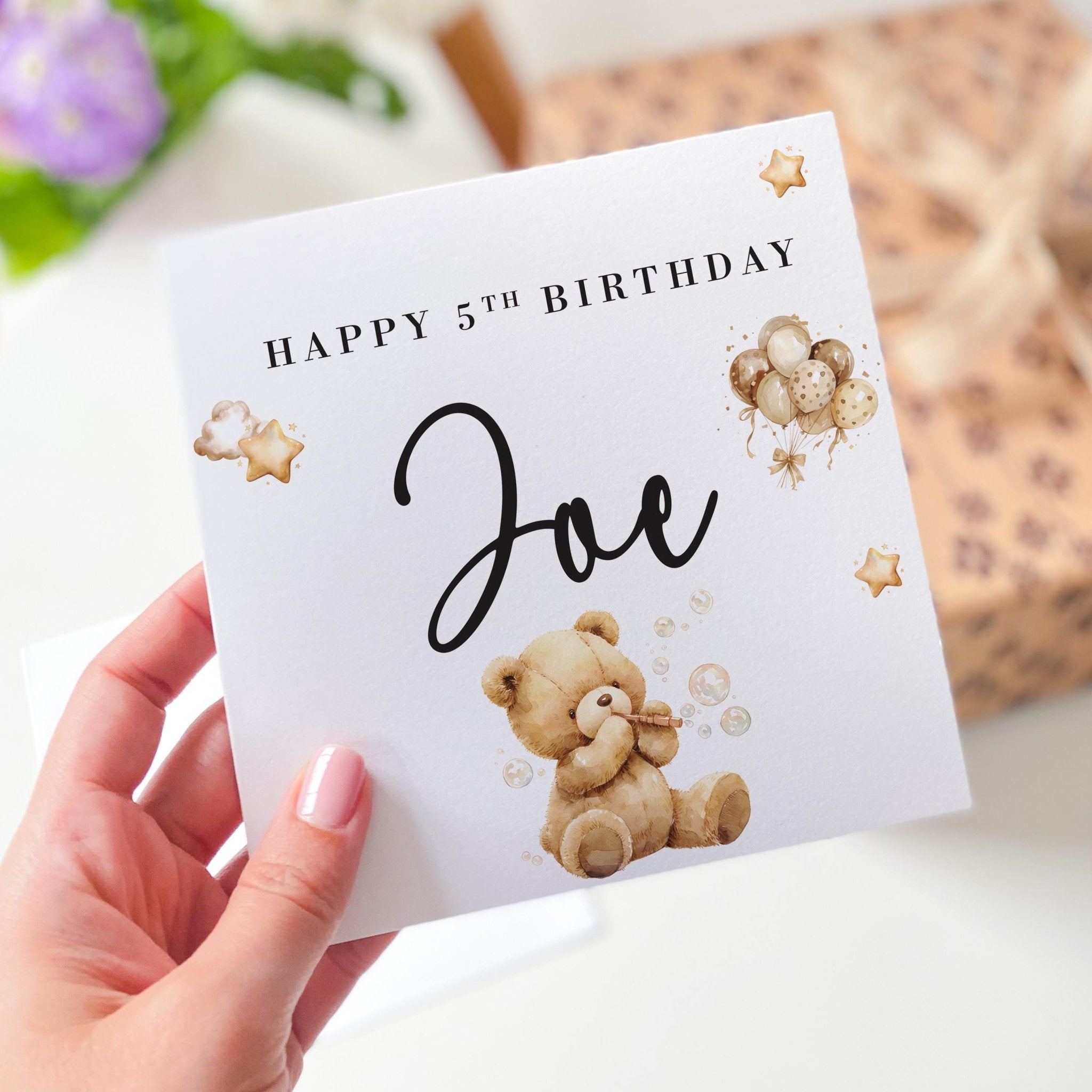Personalised Fifth Birthday Card for Boy Girl Son Daughter Nephew Niece Godson 5th Birthday Cute Teddy Bear Design Keepsake for Toddler