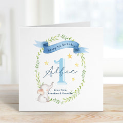 Personalised First Birthday Card for Baby Boy Girl Custom Name 1st Birthday Card Cute Elephant I am One Nephew Niece Grandson Granddaughter