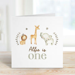 Personalised First Birthday Card for Baby Custom Name Safari Animal Card 1st Birthday Card for Boy Girl Cute Woodland Jungle Themed Birthday