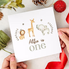 Personalised First Birthday Card for Baby Custom Name Safari Animal Card 1st Birthday Card for Boy Girl Cute Woodland Jungle Themed Birthday