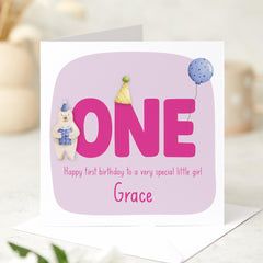 Personalised First Birthday Card for Little Girl Name Bear and Balloon Design Keepsake Card for Daughter Granddaughter or Niece I am One
