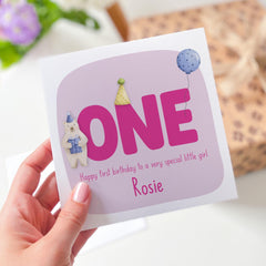 Personalised First Birthday Card for Little Girl Name Bear and Balloon Design Keepsake Card for Daughter Granddaughter or Niece I am One