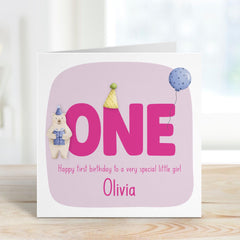 Personalised First Birthday Card for Little Girl Name Bear and Balloon Design Keepsake Card for Daughter Granddaughter or Niece I am One