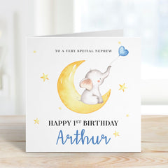 Personalised First Birthday Card for Nephew Custom Name Baby Elephant and Moon Design Keepsake Card To a Special Little Nephew's Birthday