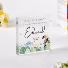 Personalised First Birthday for Special Boy Acrylic Plaque Jungle Animal Design 1st Keepsake for Nephew Son Grandson Name Nursery Decoration