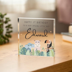 Personalised First Birthday for Special Boy Acrylic Plaque Jungle Animal Design 1st Keepsake for Nephew Son Grandson Name Nursery Decoration
