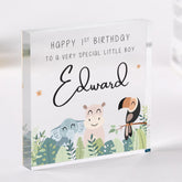 Personalised First Birthday for Special Boy Acrylic Plaque Jungle Animal Design 1st Keepsake for Nephew Son Grandson Name Nursery Decoration