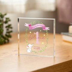 Personalised First Birthday Gift for Girl or Boy BLUE or PINK Acrylic Plaque Custom Name 1st Keepsake with Elephant Design Present for Baby