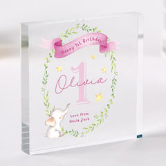 Personalised First Birthday Gift for Girl or Boy BLUE or PINK Acrylic Plaque Custom Name 1st Keepsake with Elephant Design Present for Baby