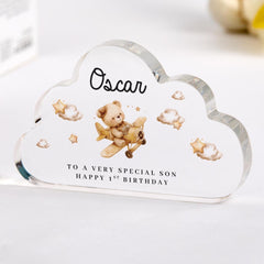 Personalised First Birthday Gift for Nephew Grandson Son Acrylic Plaque Teddy Bear Keepsake for Baby Boy Name Nursery Decoration for