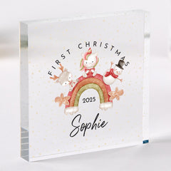 Personalised First Christmas Acrylic Plaque – Gift for Child Niece Nephew or Grandchild - Cute Rainbow Design Baby Keepsake