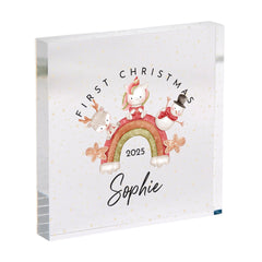 Personalised First Christmas Acrylic Plaque – Gift for Child Niece Nephew or Grandchild - Cute Rainbow Design Baby Keepsake