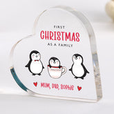 Personalised First Christmas as a Family Heart Acrylic Plaque – Cute Penguin Design 2025 Keepsake Gift for New Parents and Baby Xmas Gift