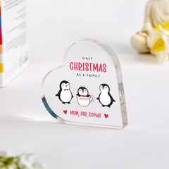 Personalised First Christmas as a Family Heart Acrylic Plaque – Cute Penguin Design 2025 Keepsake Gift for New Parents and Baby Xmas Gift