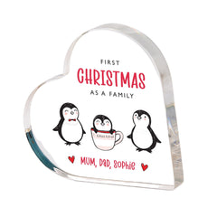 Personalised First Christmas as a Family Heart Acrylic Plaque – Cute Penguin Design 2025 Keepsake Gift for New Parents and Baby Xmas Gift